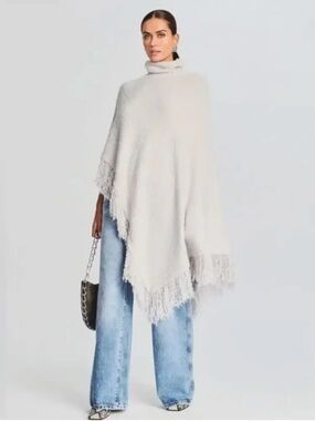 Ser.O.Ya Frost Poncho Wool Blend Fringe Hem Boho Silver Beige Women's XXS/XS